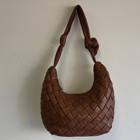 Handbags - Brown Woven Vegan Leather Shoulder Bag